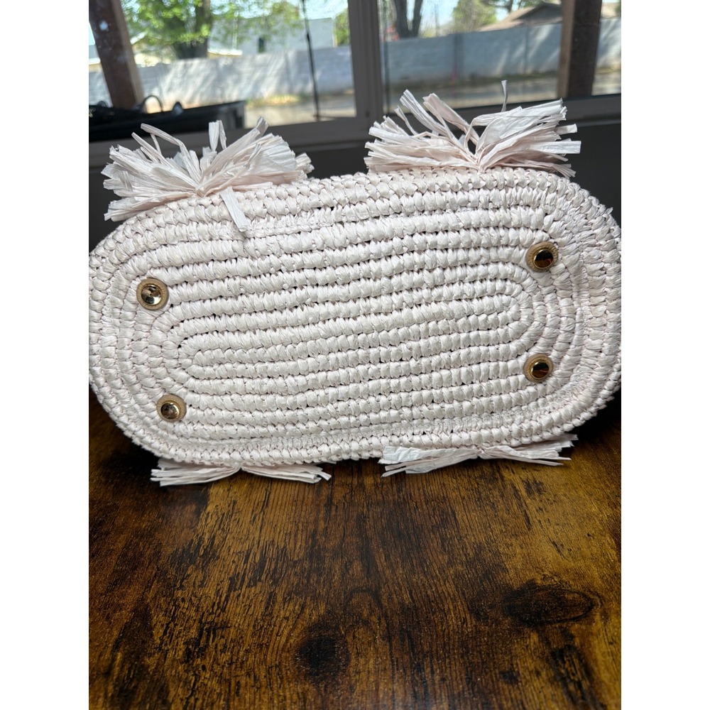 Chicos Pink Raffia Crochet Fringe Bag Bamboo Handle Crossbody Tote - Picture 11 of 15